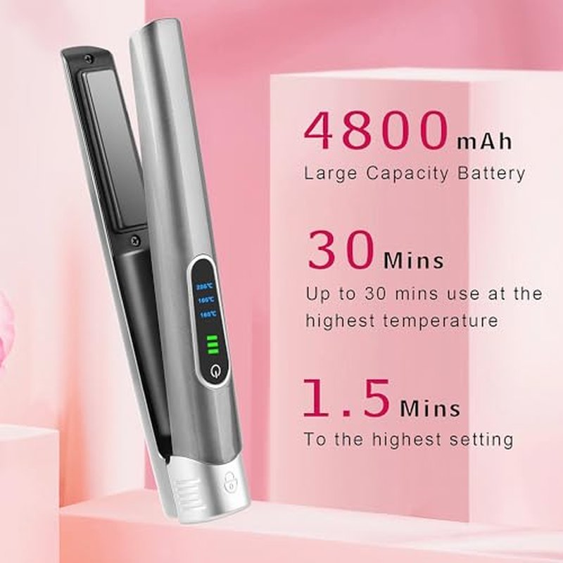 Cordless Hair Straightener and Curler, 2 in 1 Portable Mini Flat Iron & Curling, Fast Heating & Titanium Plate Straightener Curling Iron with 3 Adjustable Temp, LCD Temp Display