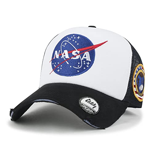 ililily NASA Meatball Logo Embroidery Baseball Cap Apollo 1 Patch Trucker Hat, Black & White - Premium