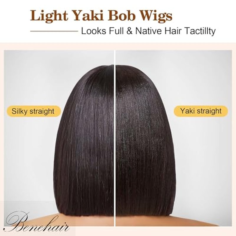 Benehair 12 Inch Light Yaki Straight Human Hair Wig Bob Wig with Bangs 2.75x1 Realistic Look Lace Glueless Wigs Human Hair Blunt Cut Short Black Bob Wig with Bangs 180% Density Natural Black