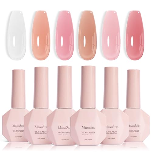 MelodySusie Jelly Gel Nail Polish Set,6 Transparent Colors,Milky or Jelly Texture,Classic Basic Colors Soak Off UV LED Light Cure or Salon Manicure and Nail Art DIY at Home