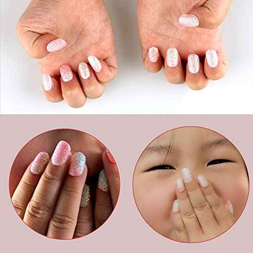 120 Pieces Fake Nails for Girls Gradient Color Kid Nails Press on Pre-glue Children Artificial False Nails Short Oval Full Cover Acrylic Stick on Nail Tips Kit for Little Girl Toys (Gradient Glitter)