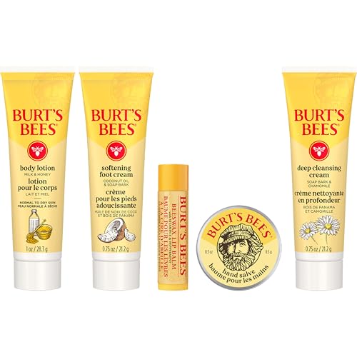 Burt's Bees Christmas Gifts - Essentials Everyday Set, 5 Travel Size Products for Stocking Stuffers - Deep Cleansing Cream, Hand Salve, Body Lotion, Foot Cream and Original Lip Balm