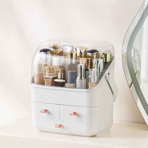 HBlife Makeup Organizer, Waterproof & Dustproof Cosmetic Storage, Fully Open Lid Makeup Display Box, Skincare Organizer for Bathroom Countertop Vanity, White