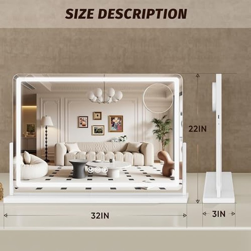 Vanity Mirror with Lights, 32"x22" Hollywood Lighted Makeup Mirror for Tabletop & Bedroom 3 Color Lighting Modes Smart Touch Control 360¡Æ Rotation Detachable