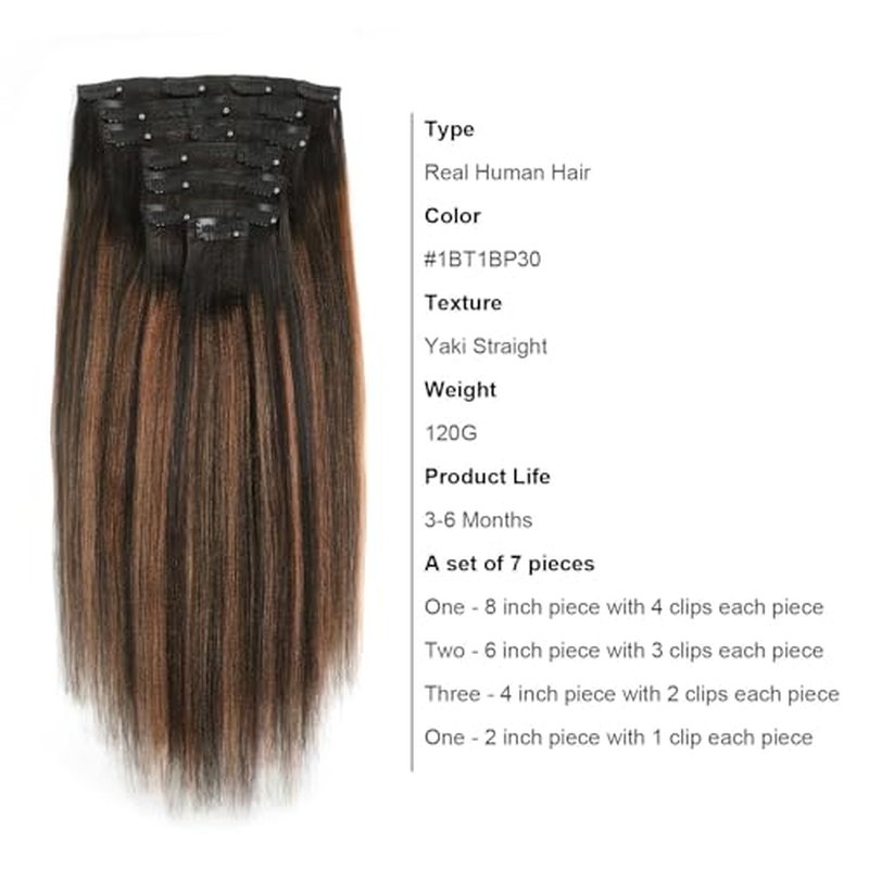 ABH AMAZINGBEAUTY HAIR Yaki Clip in Hair Extensions Human Hair Rooted Black Piano Natural Black #1B With Medium Auburn #30 Two Tone Yaki Straight Clip ins for Black Women 20 Inch Full Head 120G 7Pcs