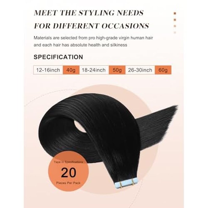 Sunya Tape in Hair Extensions Human Hair Jet Black 26 Inch Straight Black Tape in Hair Extensions #1 60g 20Pcs/Pack