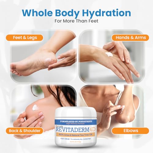 Revitaderm 4D Urea Cream 40% for Feet, Intensive Moisturizing Foot Cream for Dry, Rough, Callused Skin, Includes Free Pumice Stone and Exfoliating Brush, Fast-Absorbing, Fragrance-Free, 4oz, 1 Pack