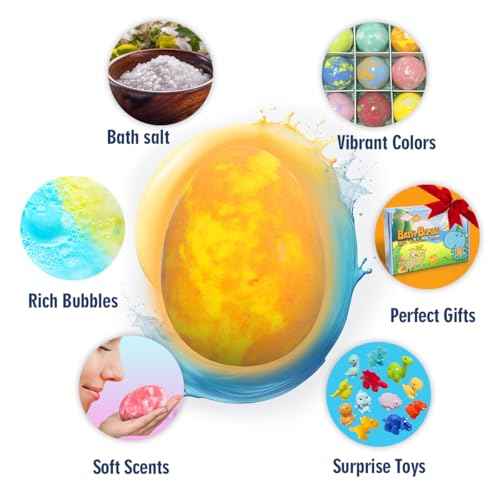 Bath Bombs for Kids with Surprise Toys Inside, 12 Pack Natural Dino Egg Bath Bombs with Dinosaur Suction Cup Toys, Bubble Bath Fizzers Ball Gift Set for Boys Girls Birthday, Summer Fun