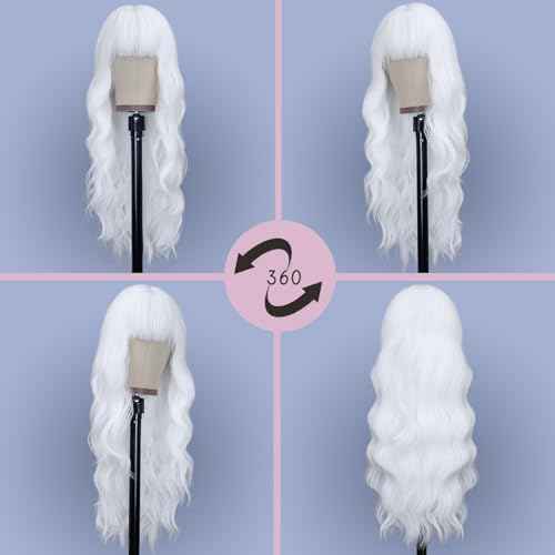 NAYOO White Wigs with Bangs - Long Curly Wavy Synthetic Fiber Wigs - Heat Resistant - 26 Inches