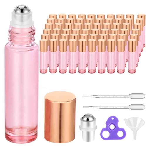 PrettyCare 60 Pack, 10 ml Essential Oil Roller Bottles with Stainless Steel Roller Ball - Bulk Refillable Leak-proof Empty Thick Pink Glass Roll on Bottles with Metal Caps for Travel, Perfume