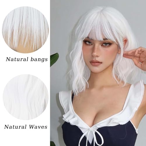 andromeda White Wavy Wig with Bangs Soft Short Bob Wigs for Women Synthetic Shoulder Length Women's Wig for Halloween Costumes Cosplay Daily (White)