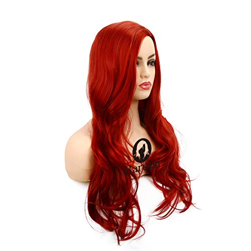 Baruisi Long Curly Wavy Red Wigs for Women Side Part Natural Looking Cosplay Synthetic Fiber Wig Heat Resistant Replacement Hair