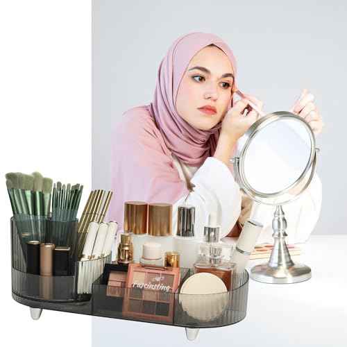 360¡Æ Rotating Makeup Organizer for Vanity - Large Capacity Cosmetic Display Case Countertop Cosmetic Storage Holder with Makeup Brush Holders £¨Gray£©