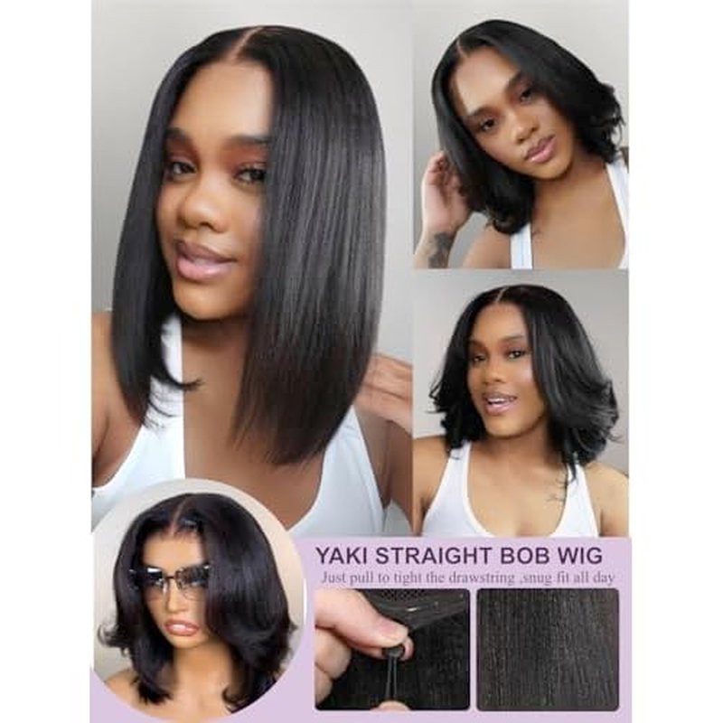 YIROO Yaki Straight Bob Human Hair Drawstring Wigs Pre Cut 7x5 HD Lace Front Wig Bye Bye Knots Glueless Yaki Short Bob Human Hair Wigs Pre Plucked Invisible Knots 150% Density Ready to Go 10Inch
