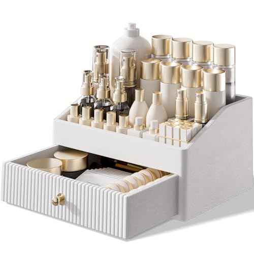 Makeup Organizer,Leather Skin Organizer with 1 Drawer&Tray,Luxury Beige White Makeup Storage for Perfume,Bedroom,Bathroom,Gifts for Women,Womens Gifts (White, 1-Drawer)