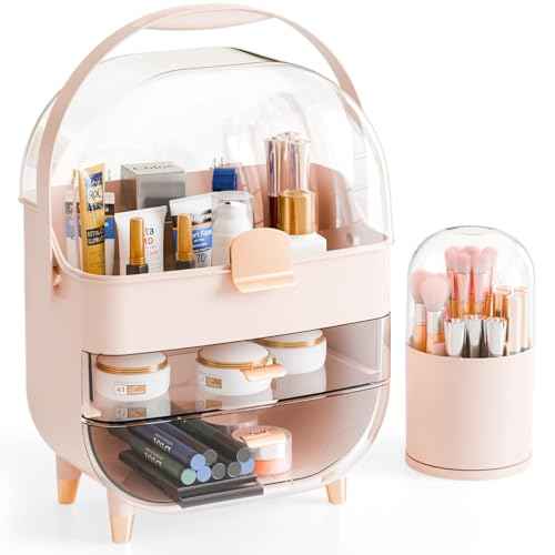 Yieach Countertop Makeup Organizer for Vanity,Large Capacity Skincare Organizers With Drawers and Makeup Brush Holder,Cosmetic Display Cases with Clear Cover for Bathroom,Dresser,Beauty Product,Pink