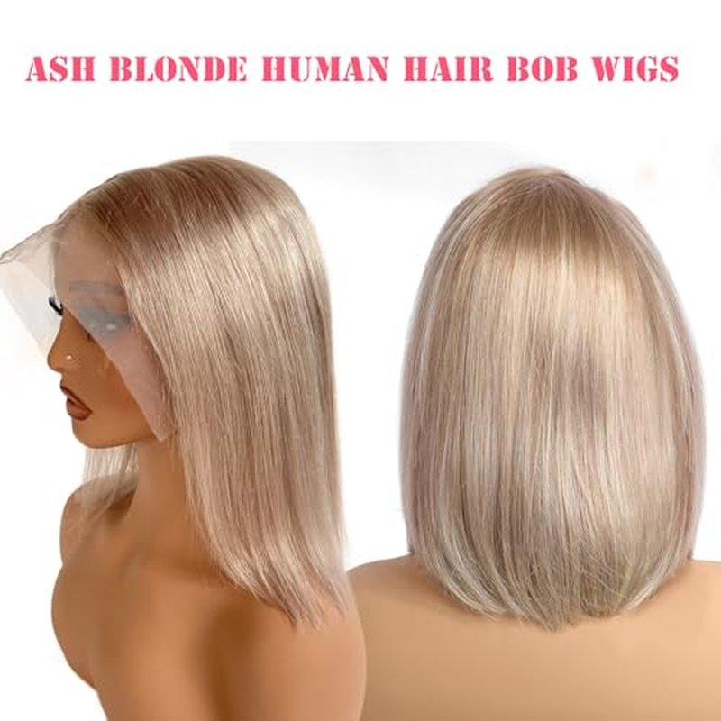 16 Inch Silver Grey Ash Blonde Bob Wig Human Hair 180% Density Straight Glueless Bob Wig for Women 13x6 HD Transparent Lace Front Bob Wigs Pre Plucked with Baby Hair Ash Blonde Bob Wigs for Women