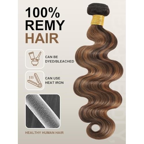 12A F1B/30 Highlight Human Hair Bundles Body Wave 18 Inch, Balayage Colored Black with Brown Ombre Single Wavy Bundle Double Weft Soft and Thick 100% Unprocessed Brazilian Remy Hair