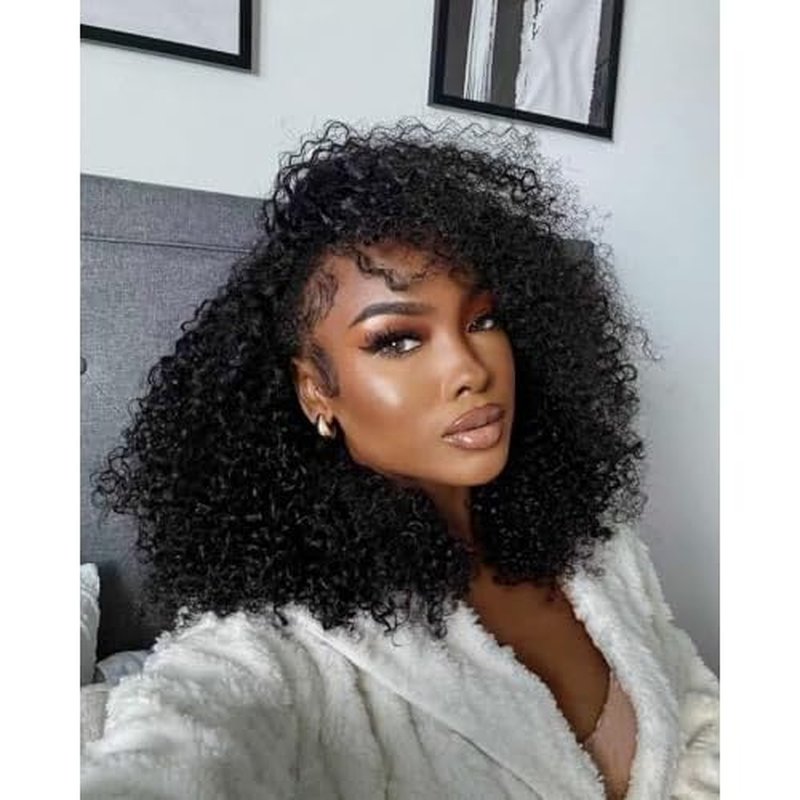 Kinky Curly Half Wig Human Hair Wear Go Glueless Wigs 18 Inch Curly 3 In 1 Half Wigs for Black Women Drawstring Seamless Flip Headband Wig Human Hair Beginner Friendly