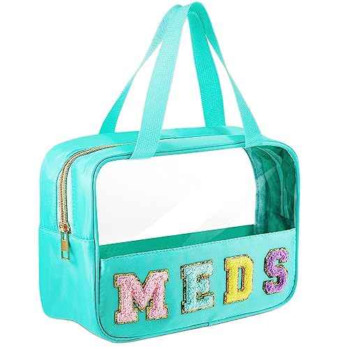 Geetery Chenille Letter Bag, Preppy PVC Nylon Makeup Portable Cases Preppy Patch with Zipper Cosmetic Clear Travel Toiletry Storage Bag for Women(Green,Novel Meds)