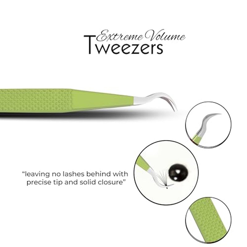 SIVOTE Lash Tweezers for Eyelash Extensions Fiber Tips, Set of 3, 45 Degree, Curved, Volume Boot, Dark Green Red Green