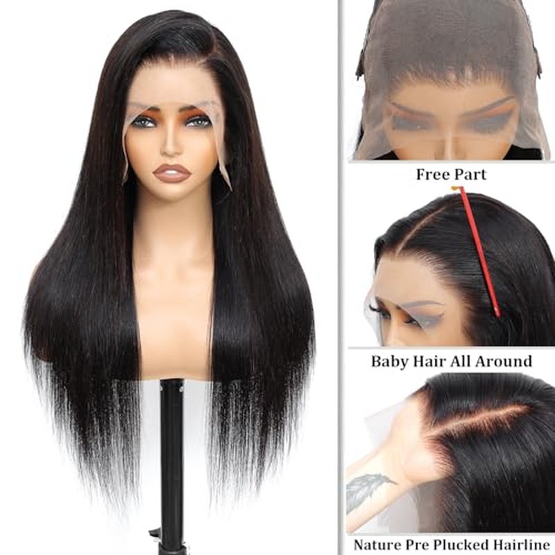 Straight Human Hair Wig 24 Inch Lace Front Wigs Human Hair 200 Density 13x6 HD Straight Lace Front Wigs Pre Plucked with Baby Hair Glueless Lace Frontal Wigs for Women Natural Black
