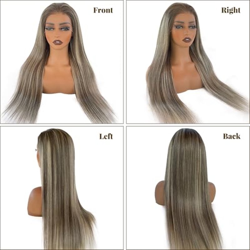 18 Inch Highlights Brown Human Hair Wigs for White Women Ombre Ash Brown Mixed Balayage Blonde with #3 Brown Roots 13x6 HD Glueless Lace Front Wig Human Hair 180% Density Pre Plucked Bleached Knots