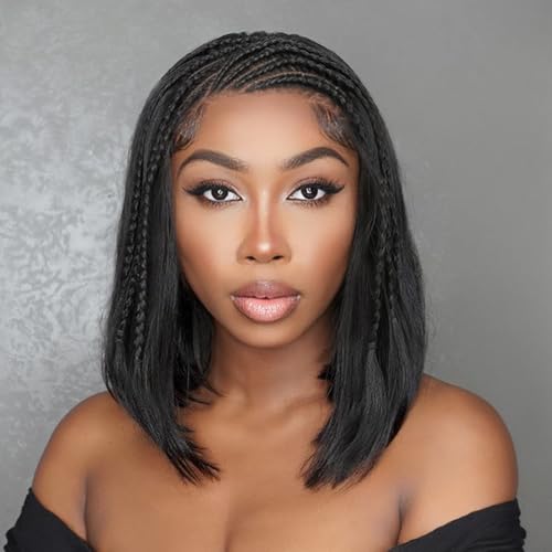 Quantum Love 13x4 Straight Bob Lace Frontal Wigs Braided Wigs for Black Women Braids Cornrows Lace Straight Bob Wigs Handmade Lace Frontal Synthetic Glueless Wig