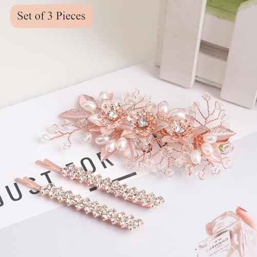 Wedding Hair Clips Set of 3 PCS - Floral Rhinestone Pearl Hair Accessories for Bridal Women (Rose Gold)