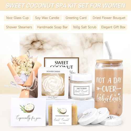 Spa Gift Baskets for Women, Sweet Coconut Birthday Gifts Baskets for Women, Spa Kit Gift Box, Bath and Body Relaxing Gifts Set for Mother Wife Sister Friends with Glass Cup Salt Scrub Shower Steamers