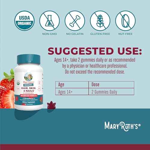 MaryRuth's Hair Skin and Nail Vitamins | USDA Organic | 2500 mcg Biotin Gummies with Vitamin C & Vitamin E | Hair Growth Vitamins | Skin Care | Nail Growth | Ages 14+ | 60 Count