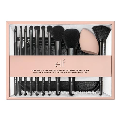 e.l.f. Full Face & Eye Makeup Brush Set with Travel Case, 11 Face & Eye Brushes For Creating A Full Face Makeup Look, Vegan & Cruelty-Free