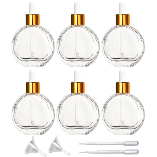 6Pcs, 2 oz Glass Dropper Bottles for Essential Oils,60ml flat round perfume bottle with Eye Droppers,for Essential Oils,Perfumes, Serums - Leakproof for Travel (Clear)