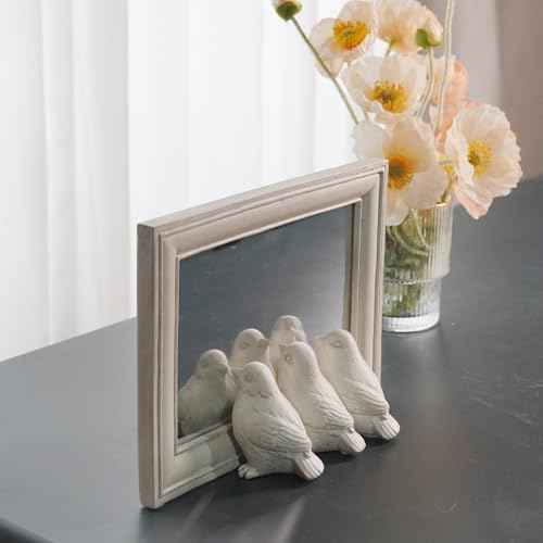 Cynkeyee Bird Decor Table Decoration - Console Table Centerpieces Decorative Square Shaped Makeup Mirror Small Tabletop Mirror for Farmhouse Vintage Vanity Mantel Shelf Bedroom 8.25x2.25x6 Inch