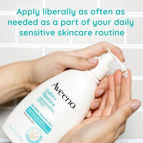 Aveeno Calm + Restore Oat Repairing Body Lotion for Sensitive Skin, Daily Moisturizer with Prebiotic Oat, Aloe & Pro-Vitamin B5, Fragrance Free Body Lotion Helps Heal Dry Skin, 12 oz