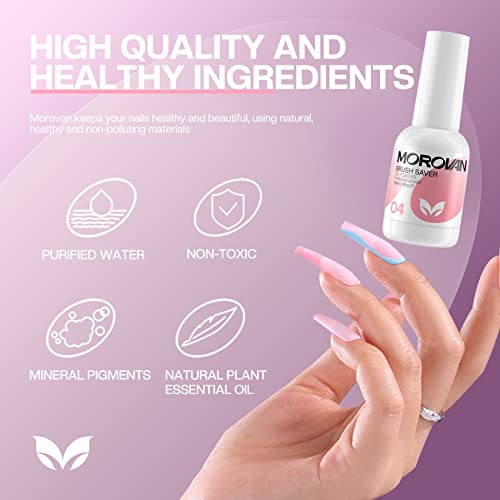 Morovan Dip Powder Liquid Set with Activator Base Top Coat and Dipping Powder Brush Saver 4pcs 0.5oz for Dip Nail Kit