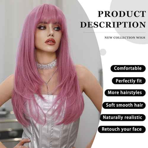 PARK YUN Long Straight Pink Wig with Bangs for Women 26 Inch Neon Pink Hair Synthetic Heat Resistant Pastel Layered Wig Sexy Colored Rose Gold Wigs for Cosplay Christmas Gifts Party