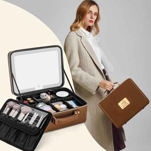 Makeup Bag with LED Mirror & Magnifier, Large Cosmetic Organizer Travel Makeup Case with Adjustable Brightness & 6 Detachable Dividers, Portable Makeup Storage for Women Girls (Brown)