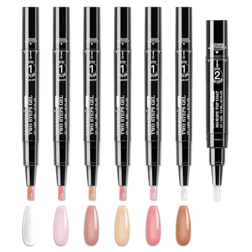 2 Step Nail Polish Pens Set, 6 Pcs Nude Natural Color Builder Base 1 Piece Top Coat Fingernail Toenail Gel Series for Women, Hema Free High Gloss Long Last Portable Ideal Gift (U V Needed)