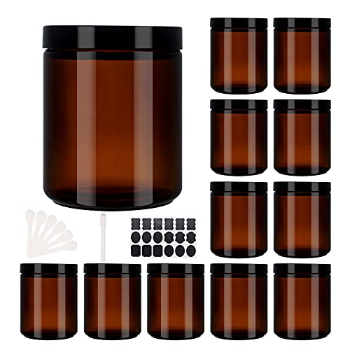 12 Pack 8 oz Round Amber Glass Cosmetic Jars with Black Lids, Spatula, Chalk Labels, Pen, Candle Holder, Refillable Containers for Makeup, Cream, Sugar Scrubs, Bath Salts