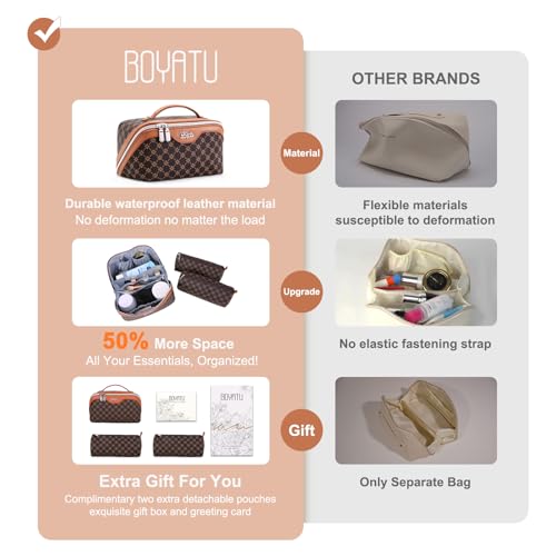 BOYATU Travel Makeup Bag Cosmetic Bags for Women: 3 Pcs Set Large Portable Make up Bag with Handle - Vegan Leather Toiletry Bags with Compartments - Makeup Organizer for Travel Essentials(A-1-Coffee)