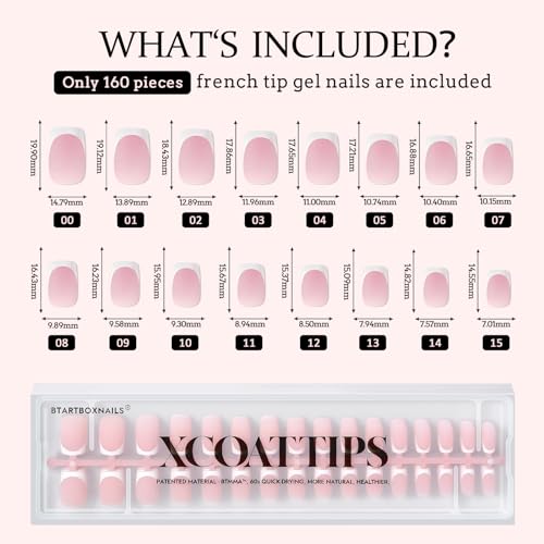 BTArtboxnails XCOATTIPS French Tip Nails - Short Press On Nails, 160 Pcs Pink Square Soft Gel Nail Tips Pre-applied Tip Primer & Base Coat, No Need File False Nails for Gift, 16 Sizes