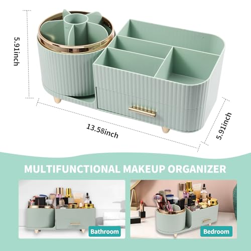 Makeup Organizer Countertop with Drawer 360 Rotating Brush Holder Storage Large Capacity Skincare Cosmetic Display Cases for Vanity Bathroom Desktop, Model 3016 Green