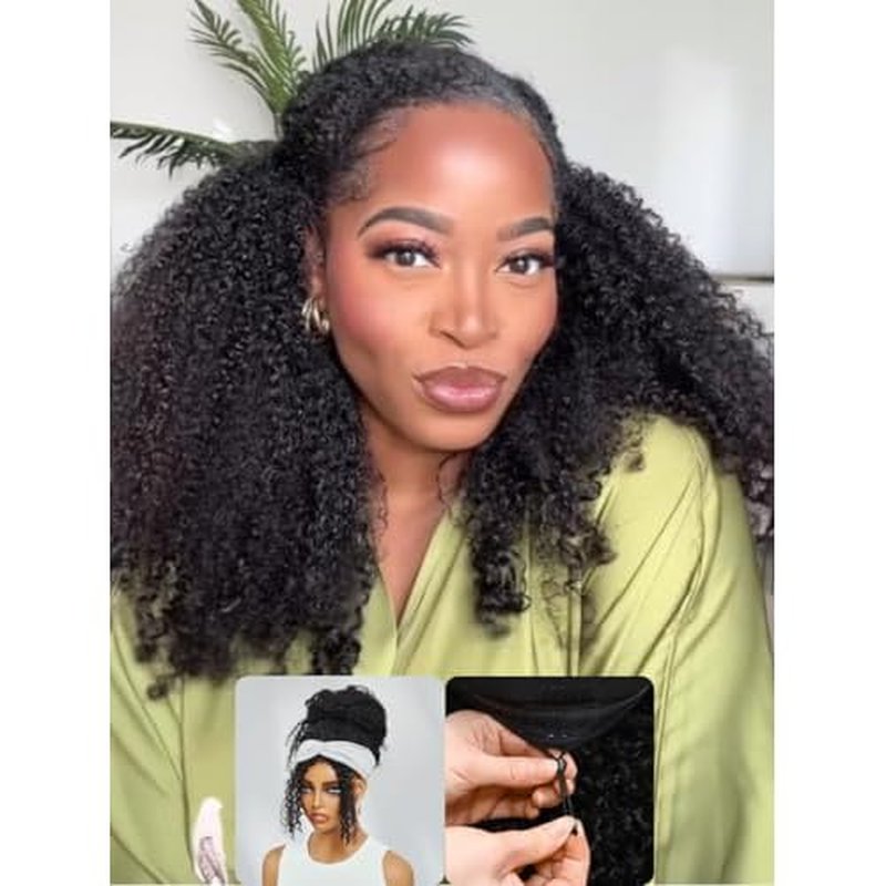 Nadula Glueless Afro Kinky Curly Half Drawstring Wig Human Hair No Leave Out with 4C Blend Edges Hairline, 12A Upgraded Flip-over Design Wear and Go Clip in Half Wig Beginner Friendly 14inch