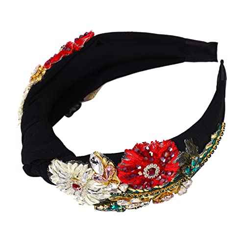 ZITULRY Rhinestone Headband For Women Statement Crystal Knotted Turban Hairband Handmade Beaded Embroidered Flower Hair Hoop Elastic Fancy Wide Hair Accessories for Girls Jewelry Gift, Black