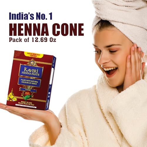 Kaveri Henna Cones 12 pack - Indian Henna Paste For Hair - Natural Dark Brown Red henna cones Organic - Temporary Henna Tattoo - Long Lasting Ready To use Tattoo Cones