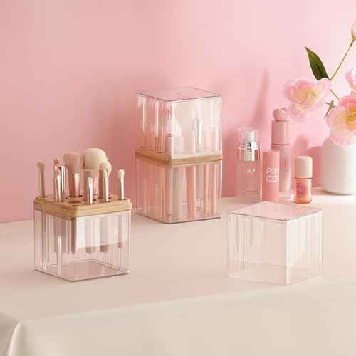 SUNFICON Makeup Brush Holder with Cover Makeup Brush Container With Lid Clear Makeup Brush Holder Organizer Waterproof Dustproof Beauty Brushes Storage Case Stand for Vanity Bathroom Countertop,Gift