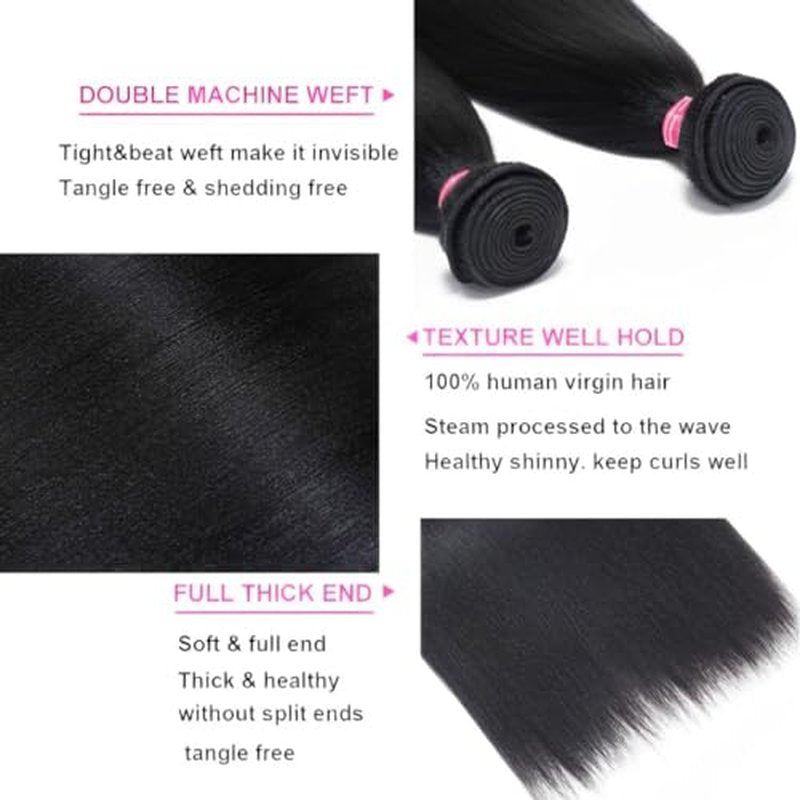 UNICE 12A Silk Yaki Straight Human Hair Weave 3 Bundles Unprocessed Virgin Real Human Hair Weft Sew in Human Hair Extensions for Women 8 10 12inch