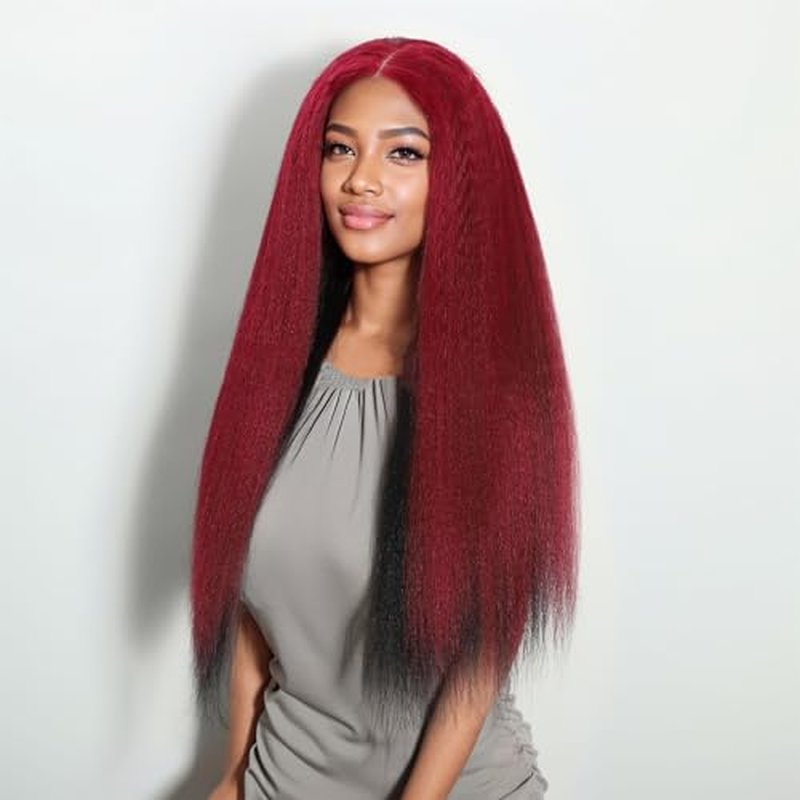 Wear and Go Glueless Wigs Human Hair Pre Plucked Pre Cut Double Wear Wig Kinky Straight 4x4 HD Lace Yaki Straight Human Hair Wigs for Black Women 180% Density 28 Inch (Red and Black)