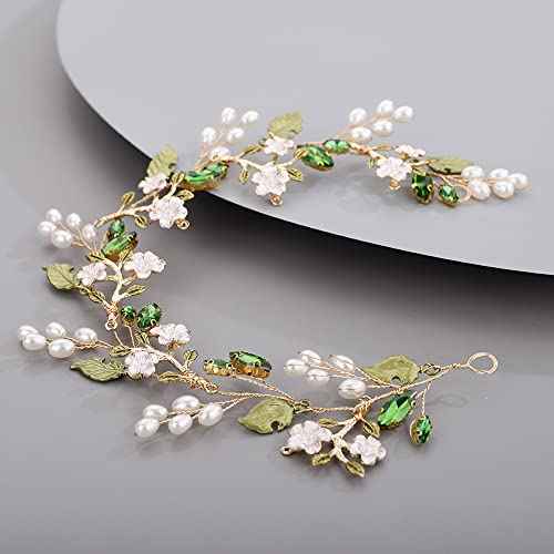 Bridal Cute Flowers Headband for Bride Bridesmaid Green leaf Crystal Hair Piece Beads Hair Vine